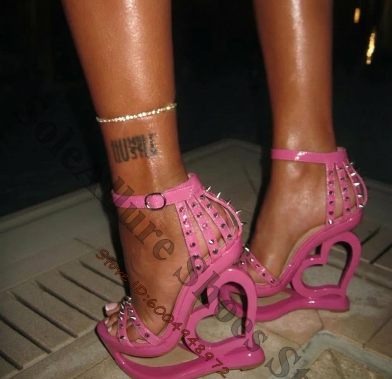 Metallic Heel Sandal - Hot Pink Spike Stud Caged Heart