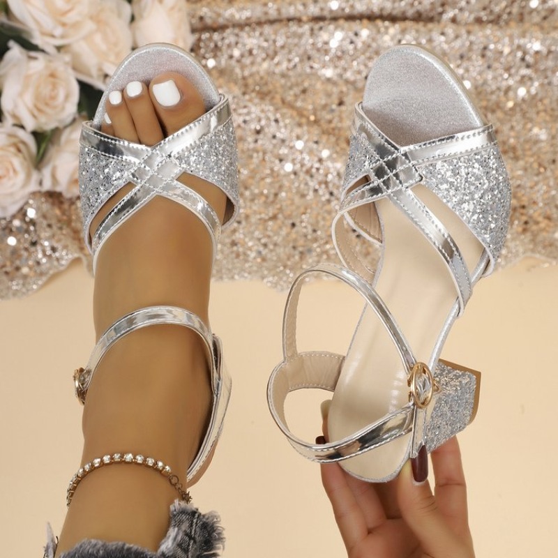 Metallic Heel Sandal - Women Block Heels Sandals Gold Sparkly