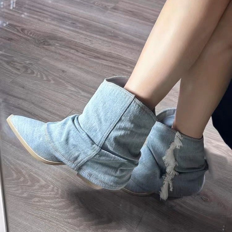 Pleated Denim Ankle Boots Wome - Women Shoes Jeans review and price