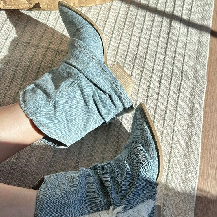 Pleated Denim Ankle Boots Wome - Women Shoes Jeans review and price